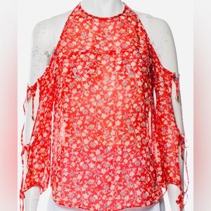 Veronica Beard Silk Orange Floral Cold Shoulder Round Neck Top Size 4
